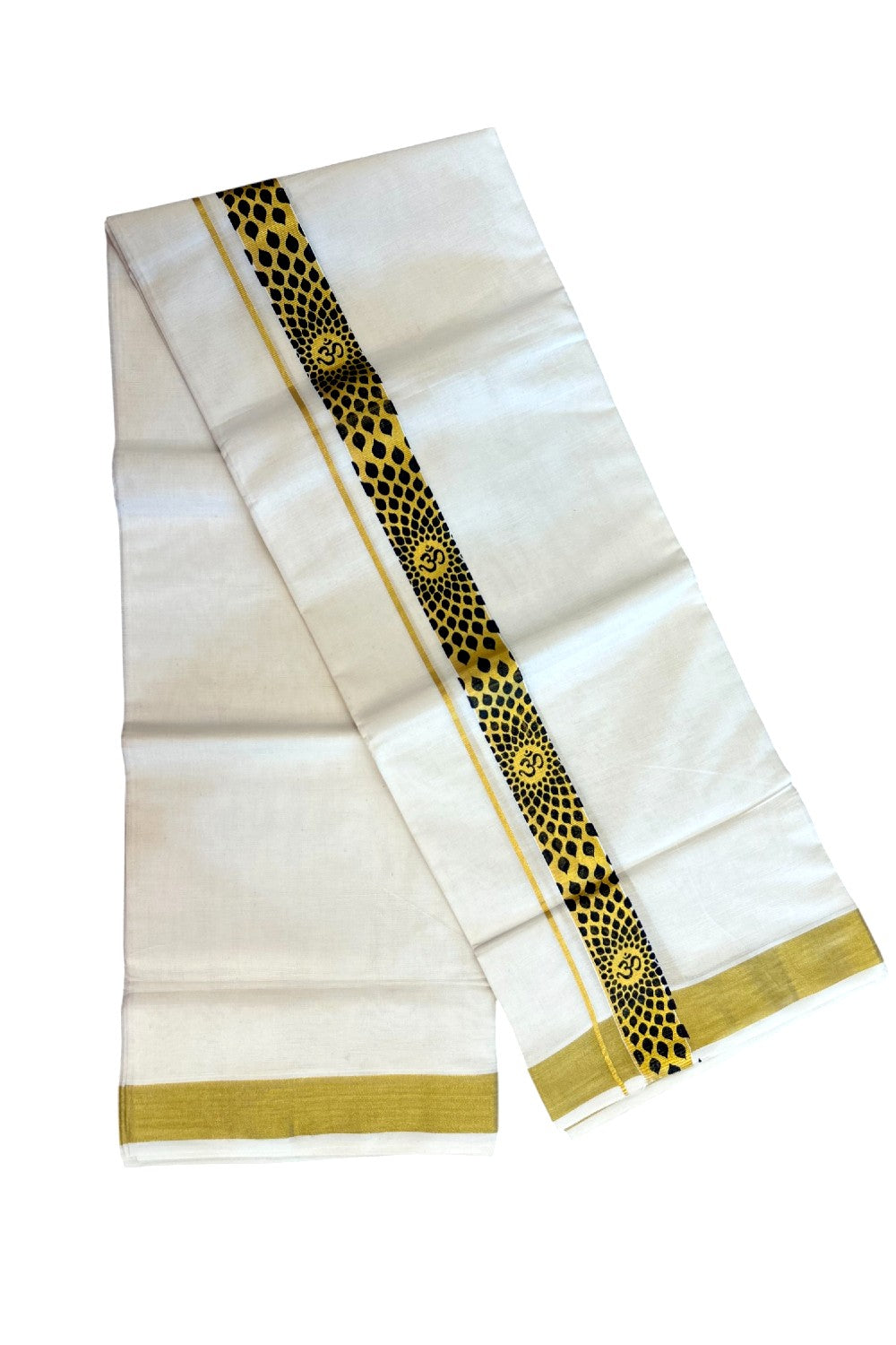 22% Discount!! KaithariKada Balaramapuram 100% Cotton DOUBLE OFF WHITE - (Ubleached) Mundu/Dhoti - 80x90 - 1.5 inch Gold Kasavu with Black Ohm Printed Design Kara - 8KK5219 GAN