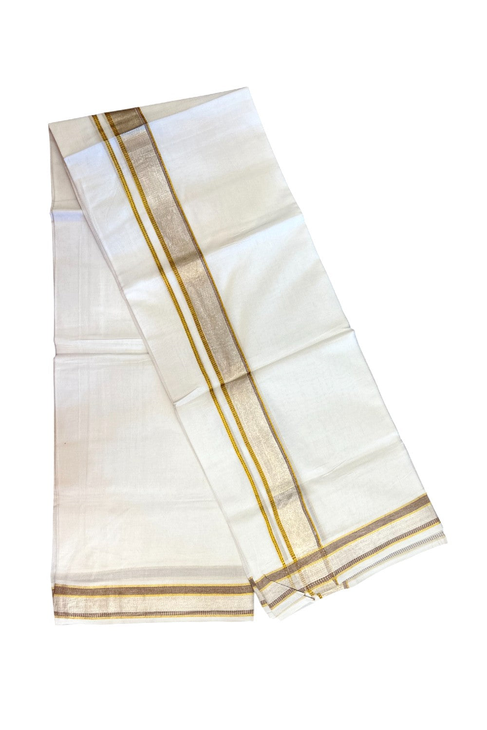 17% DISCOUNT! KaithariKada Balaramapuram 100% Cotton Double PURE WHITE Mundu/Dhoti - 100x100 - 1.5 inch Brown Silver Kasav & Gold Kasavu Stripes Kara - 8KK5221 GAN