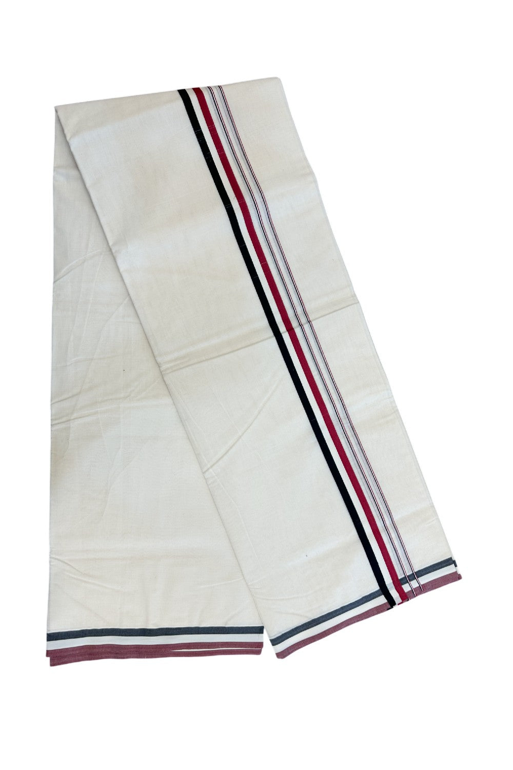 ADMK VESHTI - 20% DISCOUNT! KaithariKada 100% Cotton off white Double - (Unbleached) Mundu/Dhoti - 100X100 - 1 inch Black White & Maroon Red kara - 8KK5228 ASH
