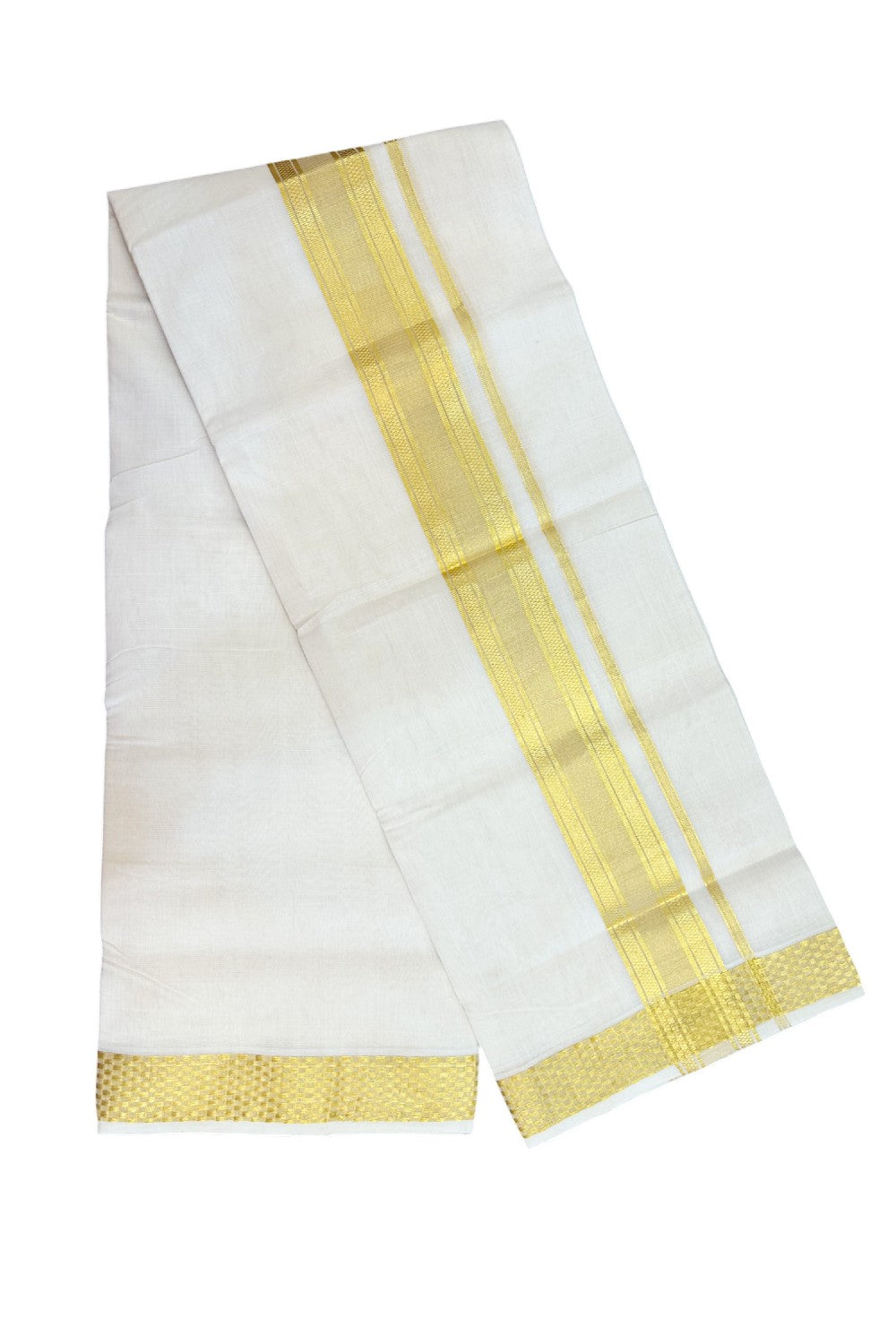 25% DISCOUNT ! KaithariKada HANDLOOM Unakkupaav Balaramapuram - 100% PURE Cotton OFF WHITE - (Unbleached) Double Mundu/Dhoti - 80x90 - 2.25 inch Gold Kasavu Jacquard Design Kara 4 mtr (8.5 Muzham) - 7KK5231 ABH
