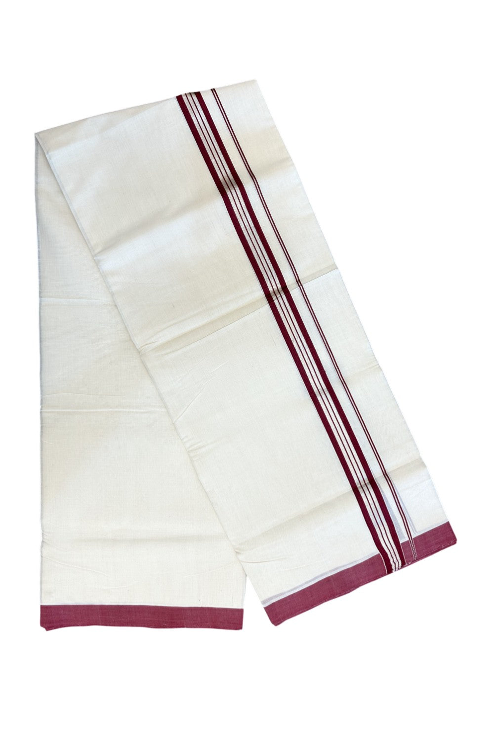 25% Discount!!! KaithariKada HANDLOOM MILLPAAV Balaramapuram - 100% PURE Cotton OFF WHITE (Unbleached) Double Mundu/Dhoti - 80x90 - 1.25 inch Silver kasavu striped Maroon kara 4 Mtr (8.5 Muzham) - 8KK5235 YAR