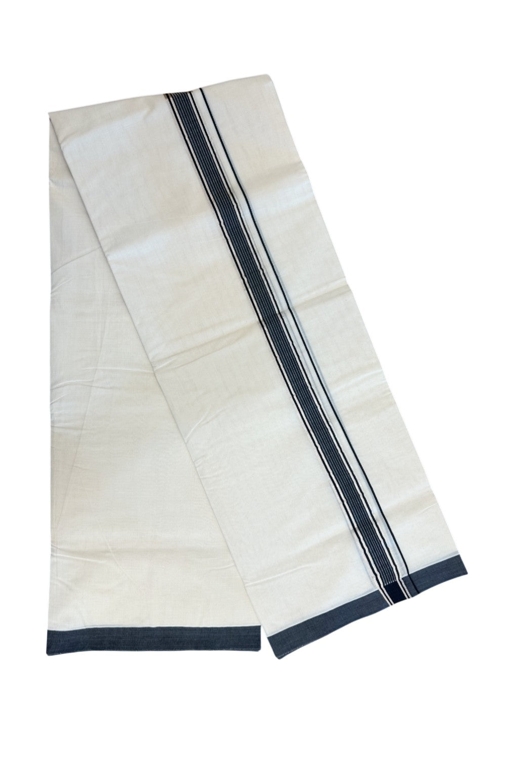 20% Discount KaithariKada Balaramapuram 100% Cotton Double Off white - (Unbleached) - Mundu/Dhoti - 100x100 - 1.25 inch Silver Kasav & Black Striped Kara - 4mtr (8.5 muzham)- 9KK5238 ASH