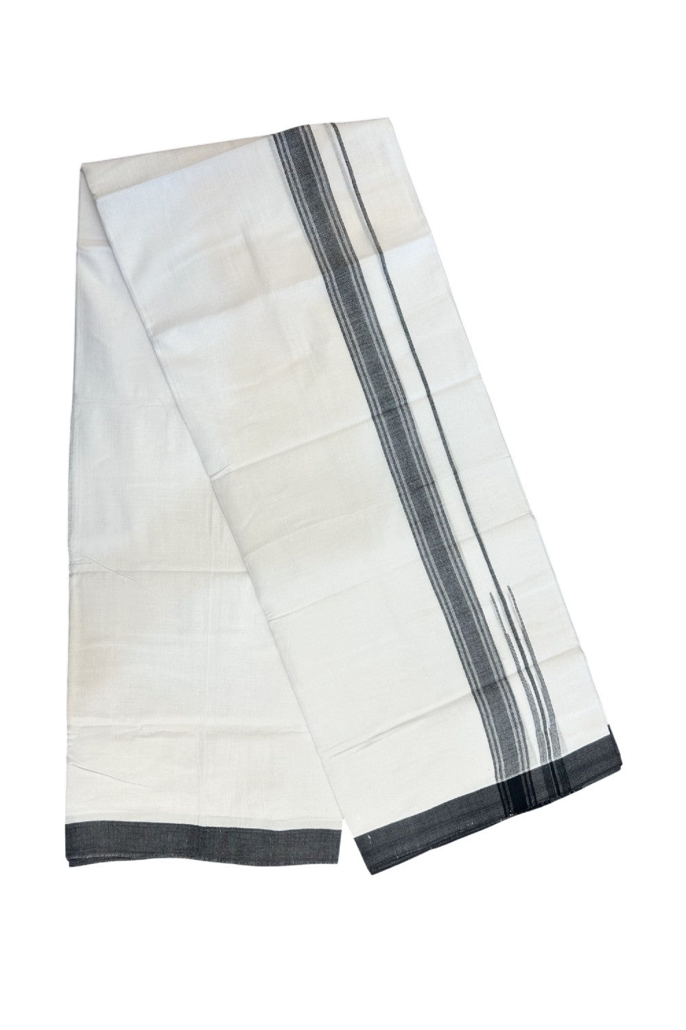 20% Discount!!! KaithariKada Balaramapuram Double PURE WHITE Mundu/Dhoti - (80s) - 1.25 inch puliyilakkara Black Shaded Striped chutty Kara - 3.82 mtr ( 8 muzham)- 8KK5239 GAN
