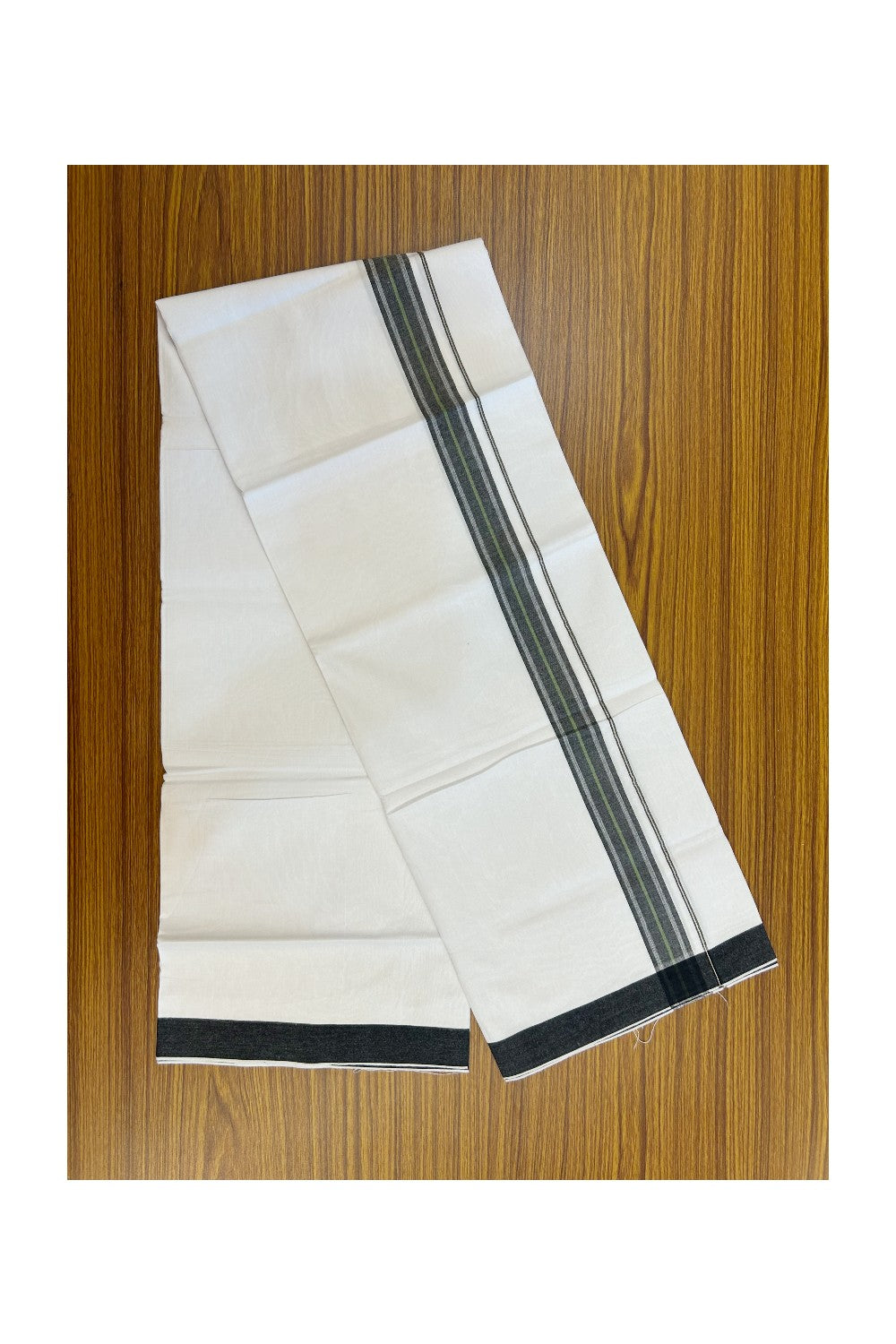 24% Discount !! KaithariKada Balaramapuram 100% Cotton Pure white Single Mundu/Dhoti - Twisted 60s Thread- 1.5 inch Silver Kasavu Black & Green Shaded Striped Kara (2 meter / 4 muzham) - 8KK5241 GL