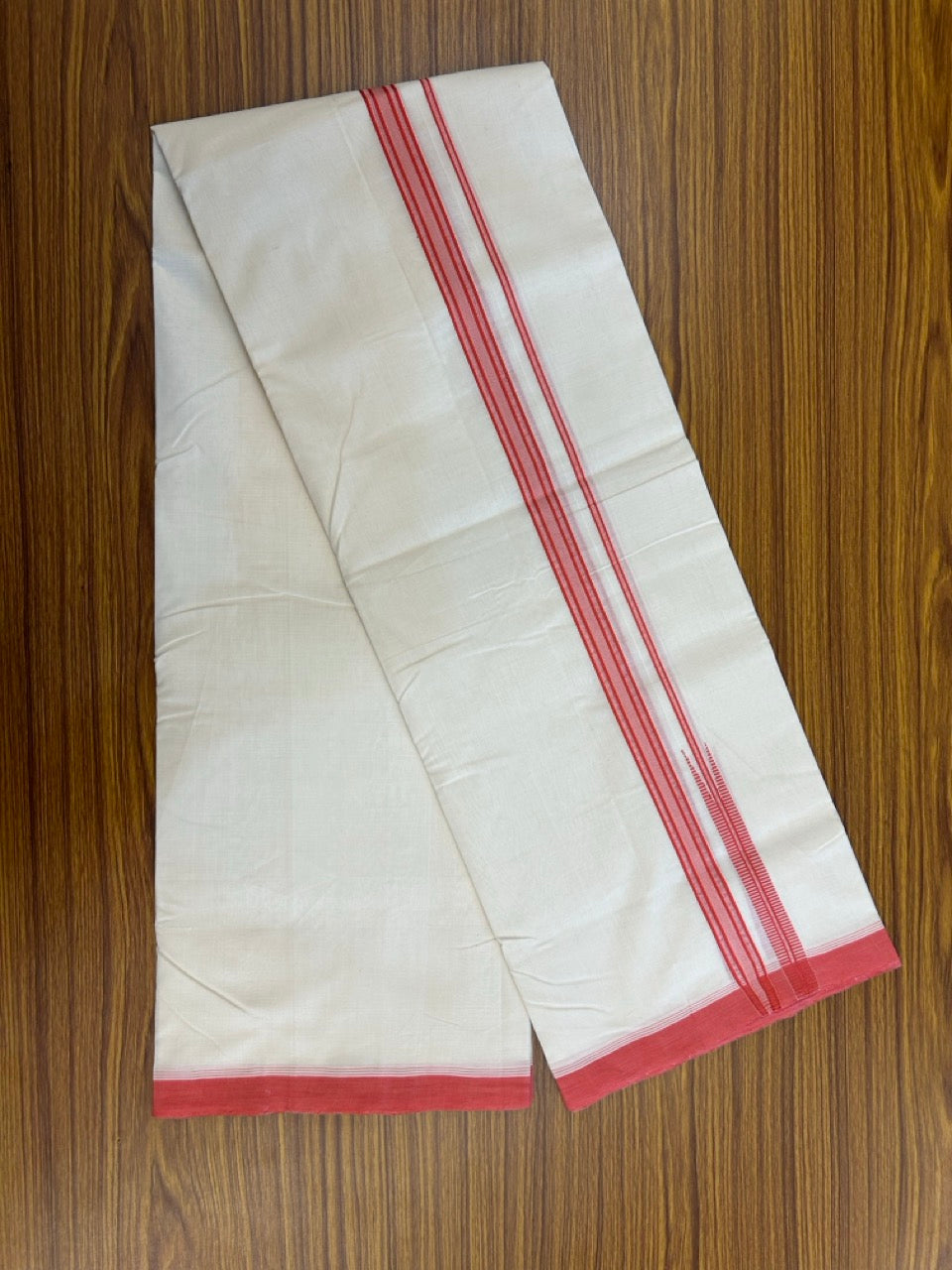 25% DISCOUNT!! KaithariKada HANDLOOM UNAKKUPAAV Balaramapuram - 100% PURE Cotton OFF White - (Unbleached) Double Mundu/Dothi - 100 x 80 - 0.75 inch Pink Red Chutty Kara 3.85 meter (8.5 mulam) - 8 KK5249 REA