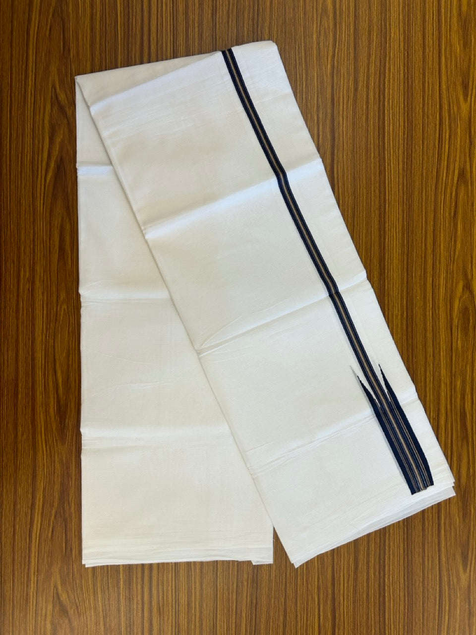 37% Discount ! NEW! KaithariKada Balaramapuram 100% Cotton Pure white Double Mundu/Dhoti - (100x80)s - Heavy Chutty Dark Navy Blue Sand Brown Stripes - 8 KK5252 CKS