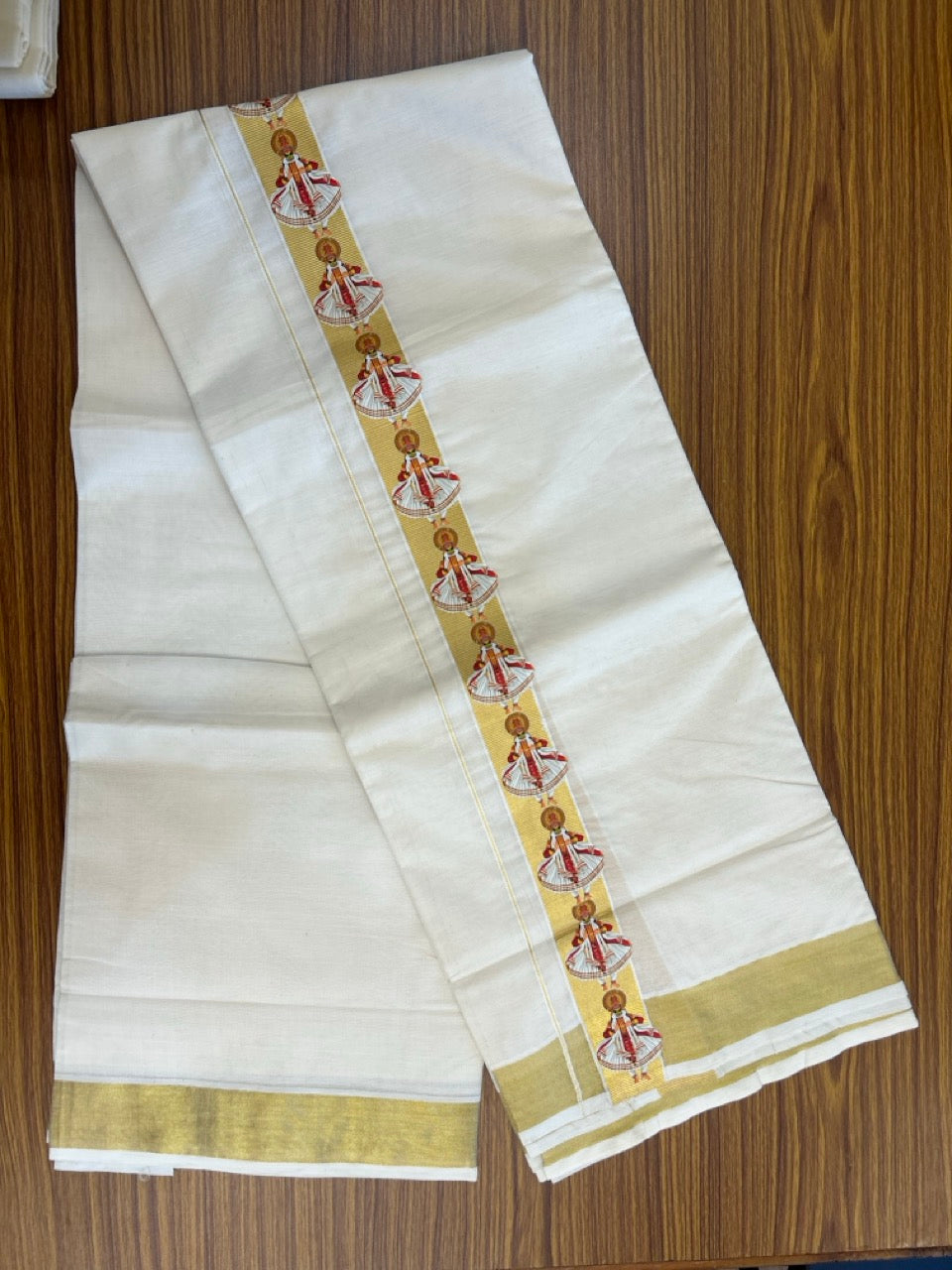 25% Discount!! KaithariKada Balaramapuram Mixed Cotton Double Off white - (Ubleached) Mundu/Dhoti - 80x72 - 1.25 inch Kasavu & Kathakali Printed Design Kara - 8 KK5262 MUT