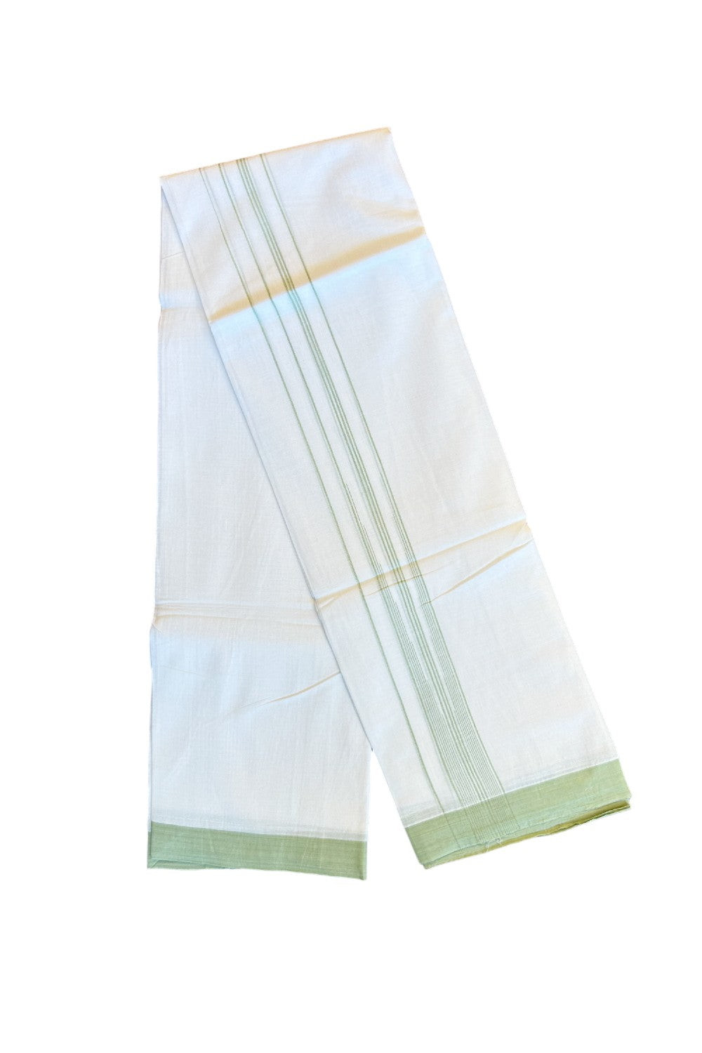 22% Discount!! Kaitharikada Balaramapuram 100% Cotton Pure White  Double Mundu/Dothi-100x100  2 Inch Light Green Striped Cotton Kara 3.80m (8 Muzham) - 8KK74RAM