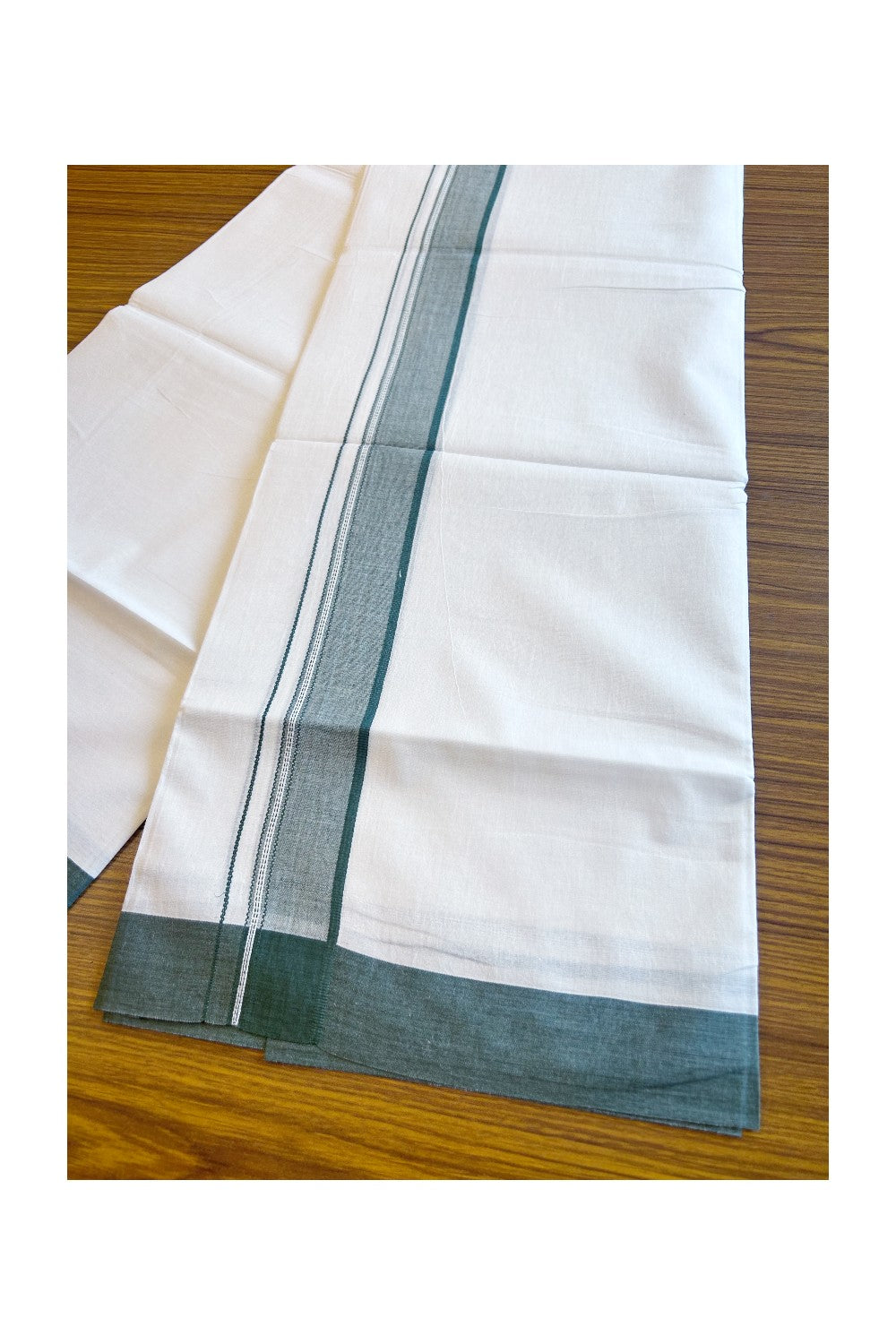 15% DISCOUNT!! Kaitharikada Balaramapuram 100% Cotton Ultra WHITE Double Mundu./Dothi-100x80 2 Inch DEEP GREEN Striped Cotton Kara -KK50CHAN- 8.