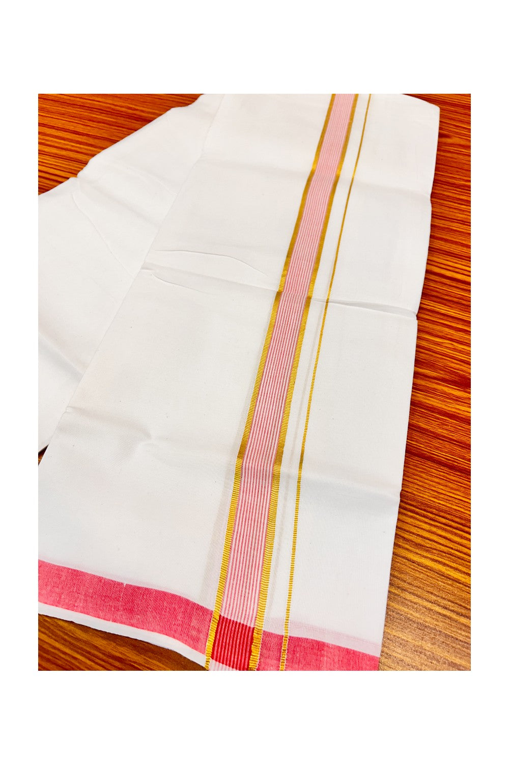 25% OFFER! KaithariKada 100% Cotton Balaramapuram HANDLOOM Single PURE WHITE Mundu/Dhoti - 0.75 inch (2 meter / 4 muzham) Pink Kasavu Kara & Stripes - 8KAI.
