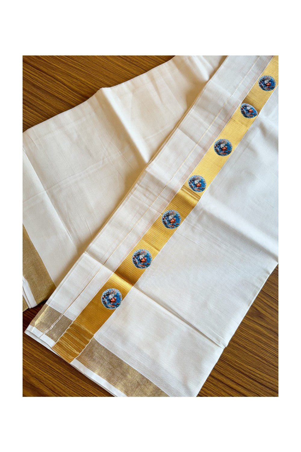 20% Discount !! KaithariKada Balaramapuram Mixed Cotton Double Off white - (Unbleached) Mundu/Dhoti-80x72- Printed Krishnan & Radha Kasav Design - 8KK207PMC