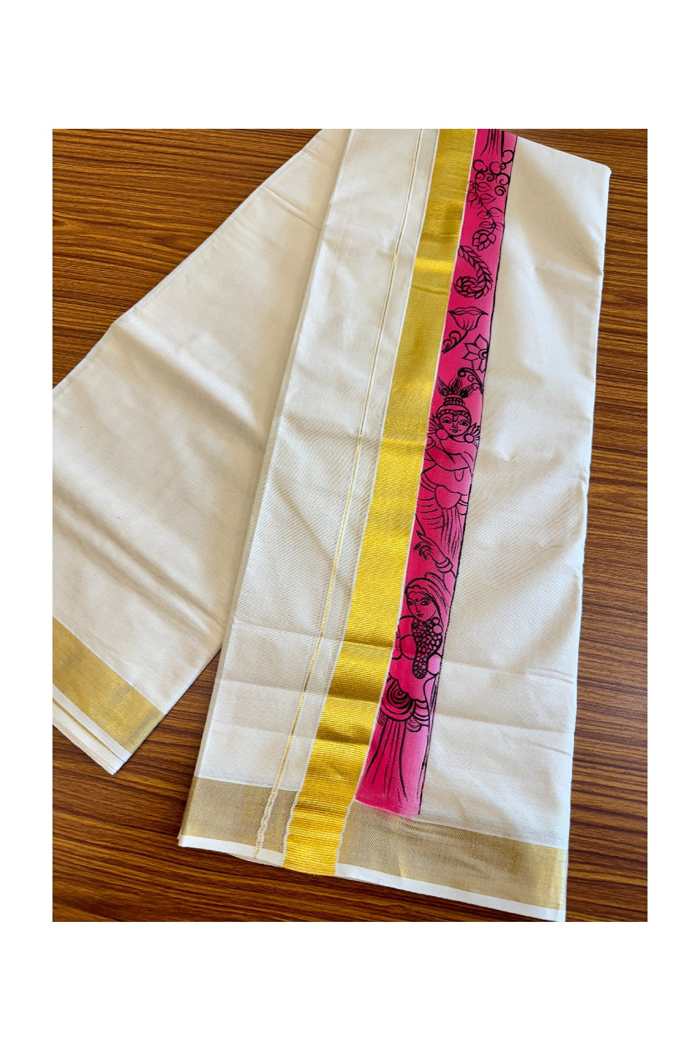 4% DISCOUNT!! KaithariKada Balaramapuram 100% Cotton Double Off white - (Unbleached) Mundu/Dhoti-80x72- 3.5 inch Kasavu Hand Painted Dark Pink Shaded Flower & Radha design-8