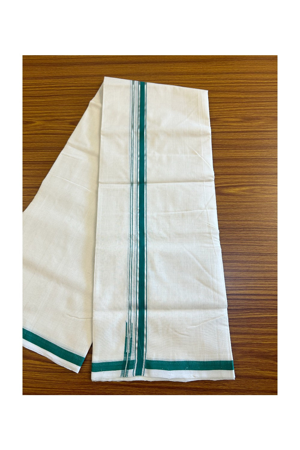 23% Discount!!! KaithariKada HANDLOOM UNAKKUPAAV Balaramapuram - 100% PURE Cotton off white (Unbleached) Double Mundu/Dhoti - 2 cm Silver kasavu & green puliyilakkara chutty - 8KK458SOM