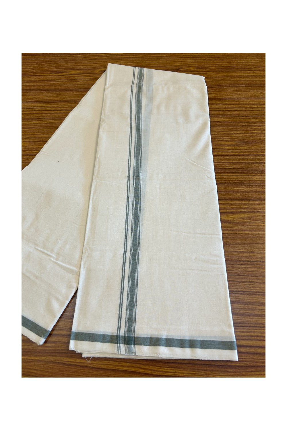 120X120 PREMIUM Kaitharikada Exclusive - 25% DISCOUNT! BALARAMAPURAM HANDLOOM Unakkupaavu - 100% PURE Cotton Double Mundu/Dhoti OFF WHITE - (Unbleached) - 1 inch Green Striped Kara - 8KK477KAL