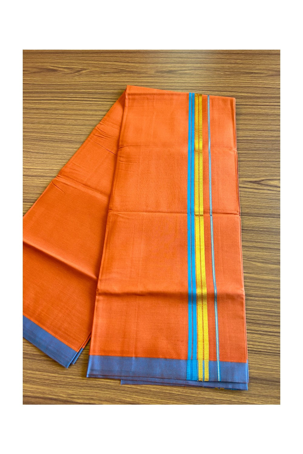 Kaitharikada Soft Cotton - Kaily / Lungi - 1.75 inch Blue green & kasavu striped kara with KAAVI colour body - 8KK492RAM