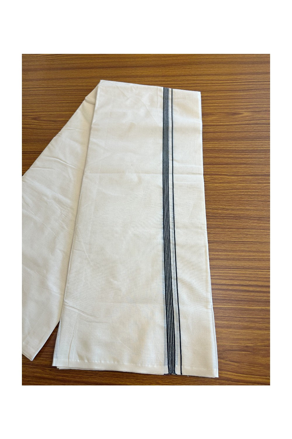 10% DISCOUNT ! KaithariKada Balaramapuram 100%  COTTON Double OFF WHITE - (Unbleached) Mundu/Dhoti-100X100- 0.75inch Black Striped Kara- 8KK5012ASH
