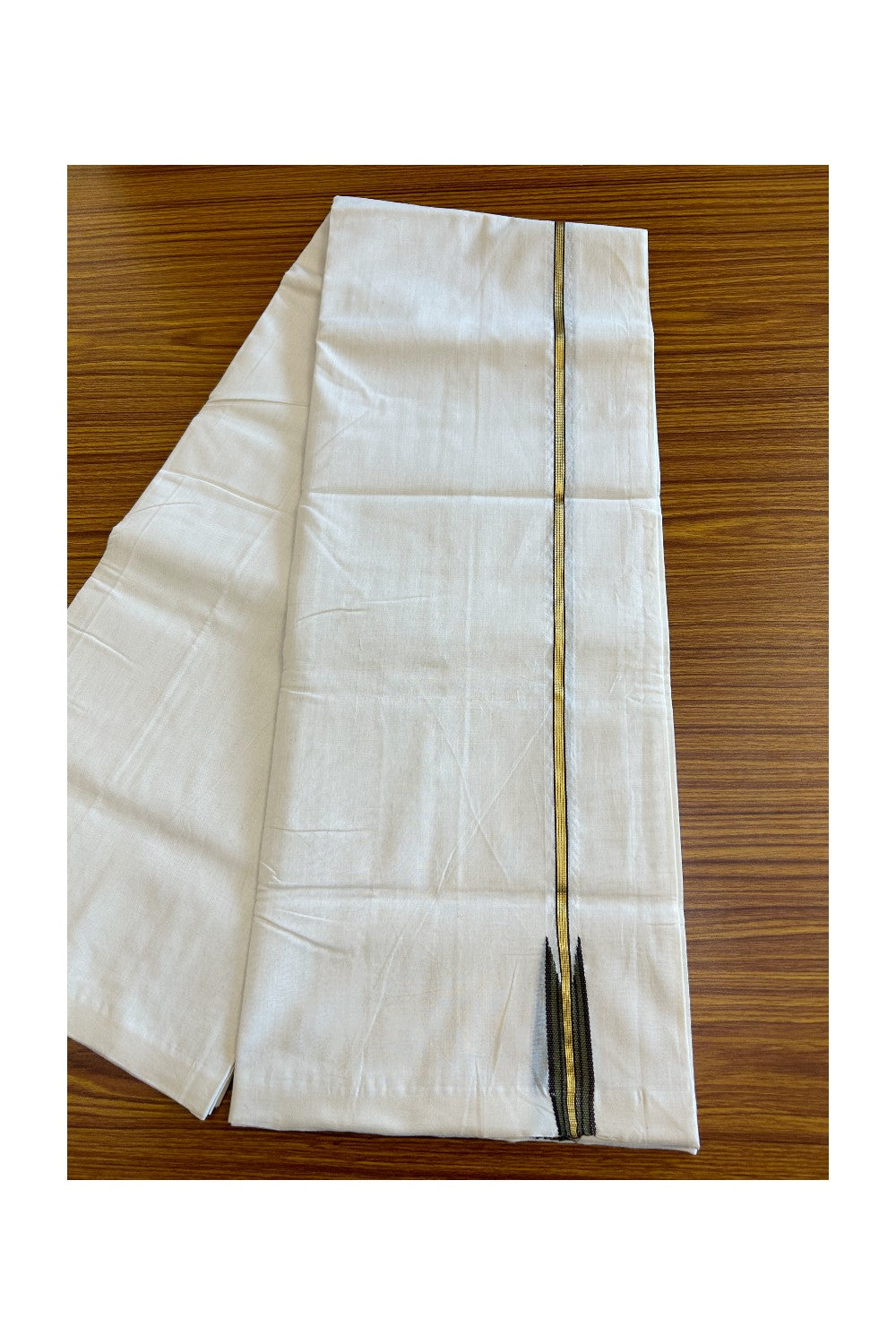 25% DISCOUNT!! KaithariKada HANDLOOM Unakkupaav Balaramapuram - 100% PURE Cotton OFF White Double - (Unbleached) Mundu/Dothi - Kasavu dark olive green & Brown puliyilakkara Chutty - 8KK5029RAM