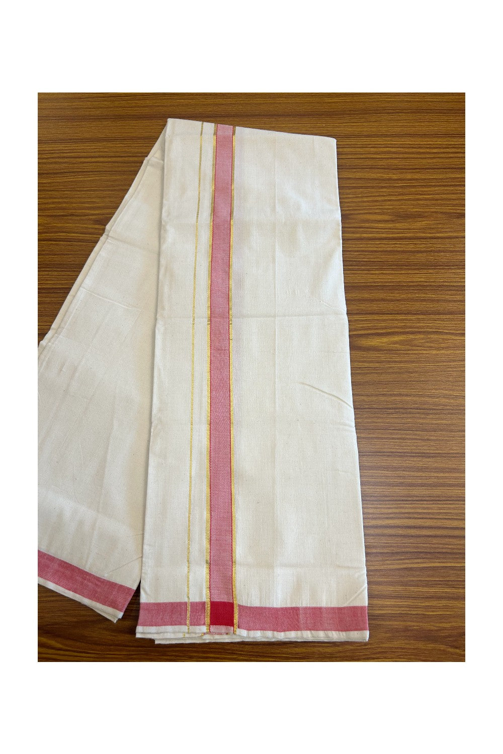 25% KaithariKada 100% PURE Cotton Balaramapuram HANDLOOM off white (Unbleached) Single Mundu/Dhoti - 2 inch Gold Kasavu & Red Kara(2 meter / 4 muzham) - 79