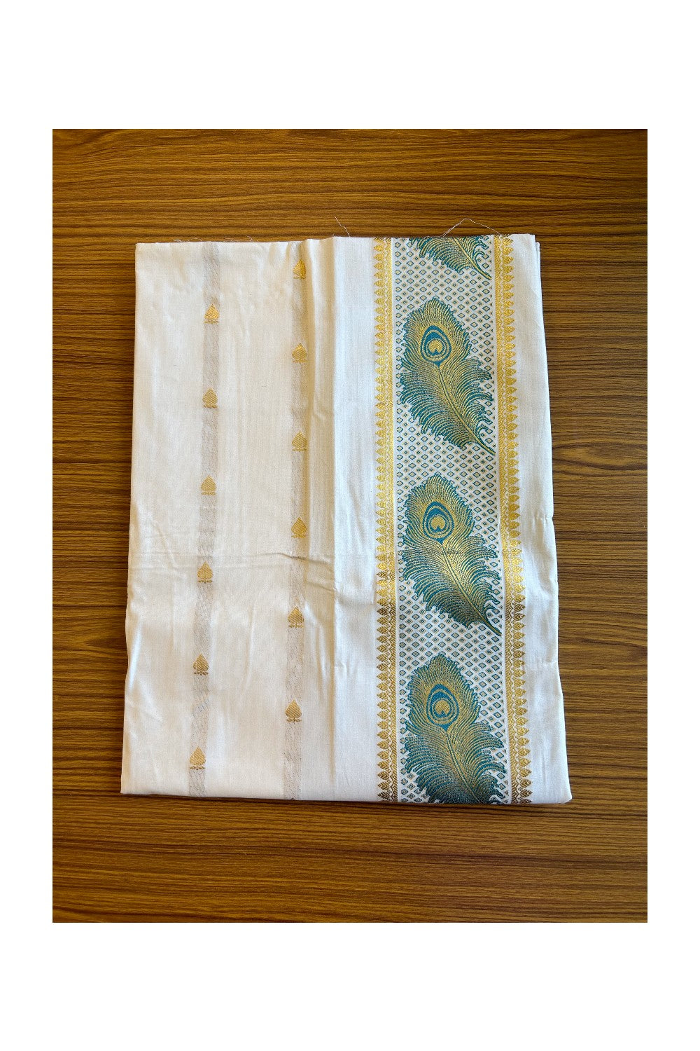 20% Discount ! Kaitharikada Traditional Kerala Style - Churidar Suit Material - Pure Cotton With Green Peacock Feather Design - 8KK505VIN