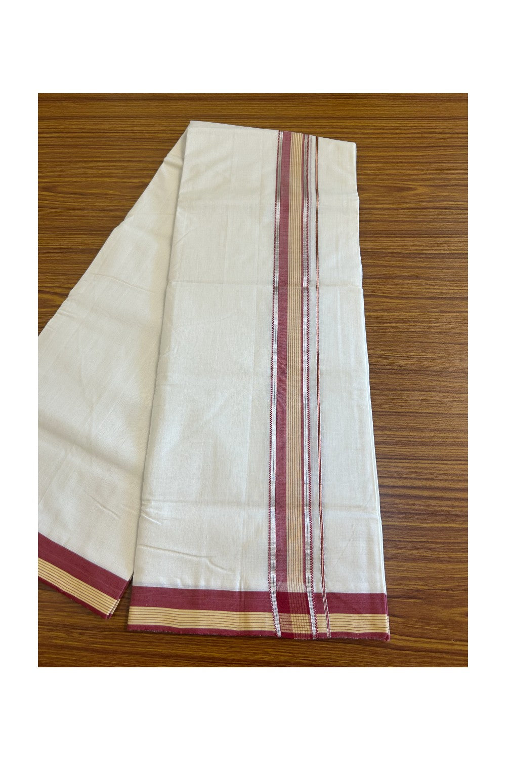25% Discount KaithariKada HANDLOOM Unakkupaav Balaramapuram - 100% PURE Cotton OFF WHITE Double - (Unbleached) Mundu/Dhoti - 2 inch Red +Yellow Stripes & Silver kasavu - 8KK506RAM