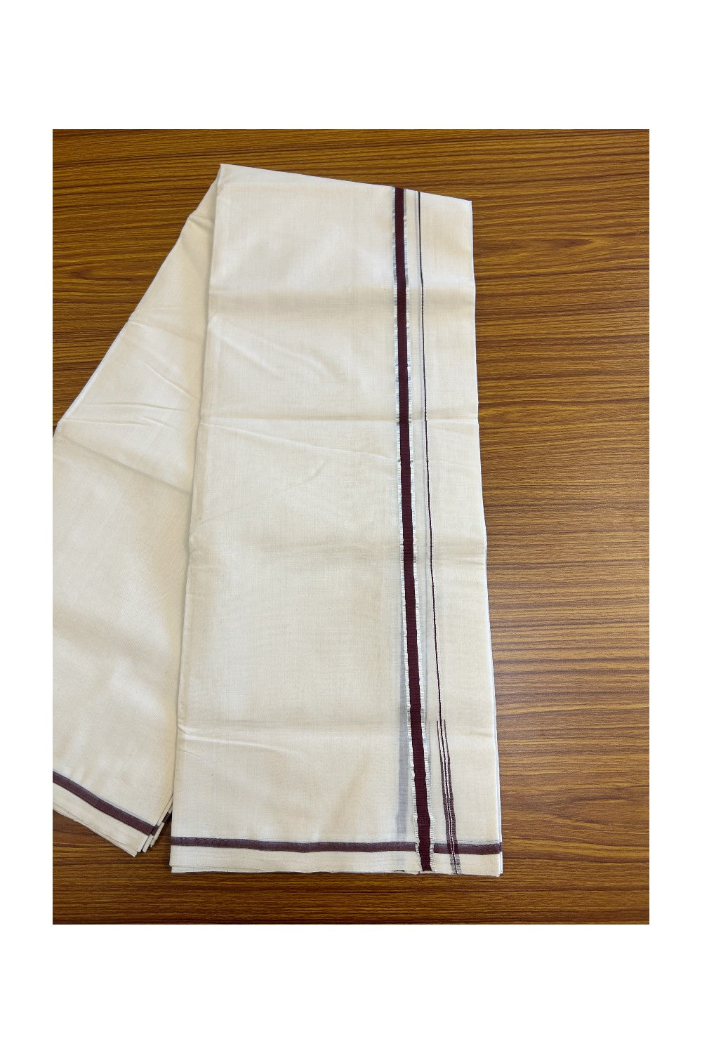 18% DISCOUNT!! KaithariKada HANDLOOM Millpaav Balaramapuram - 100% PURE Cotton Off White (Unbleached) - 100x100 Double Mundu/Dhoti - Puliyilakkara Chutty Silver Kasavu Brown Kara - 9KK114ASH