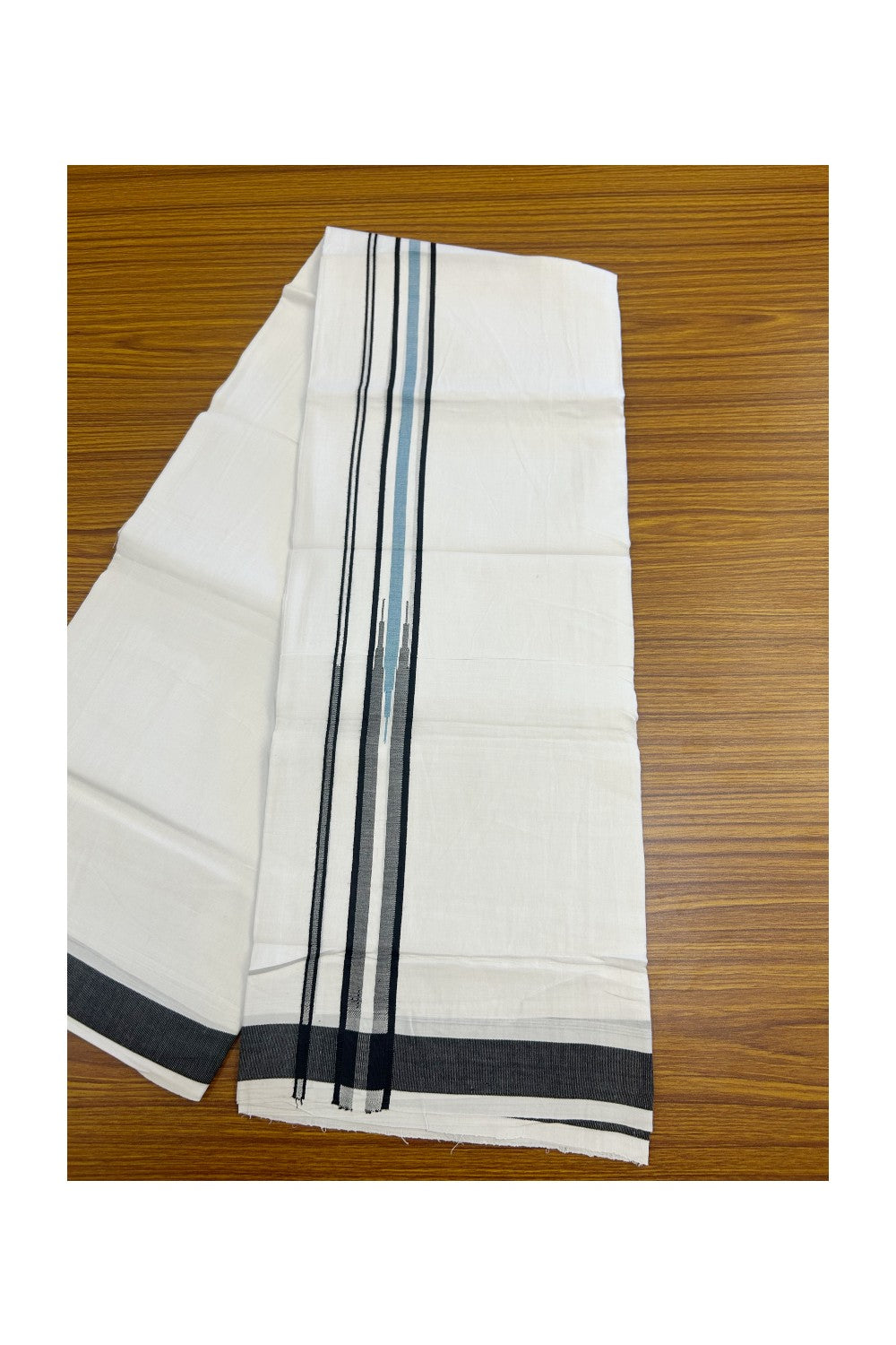 25% DISCOUNT! KaithariKada Balaramapuram 100% Mercerised Cotton Double ULTRA PURE white Mundu/Dhoti - 120x120 - 1.25 inch Heavy Chutty Black & Light Blue Shaded Kara - 8KK5139THI