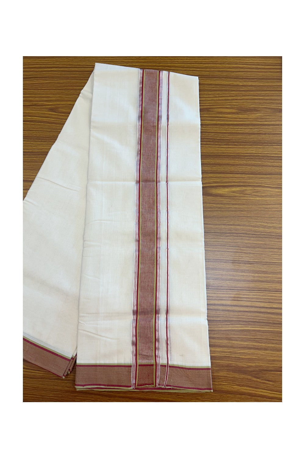 27% DISCOUNT! KaithariKada BALARAMAPURAM HANDLOOM UNAKKUPAAV - 100% PURE Cotton Off white (Unbleached) Double Mundu/Dhoti - 2 inch Silver Kasavu & Green Deep Red Striped Kara (8 Muzham) - 22KK5161SOM