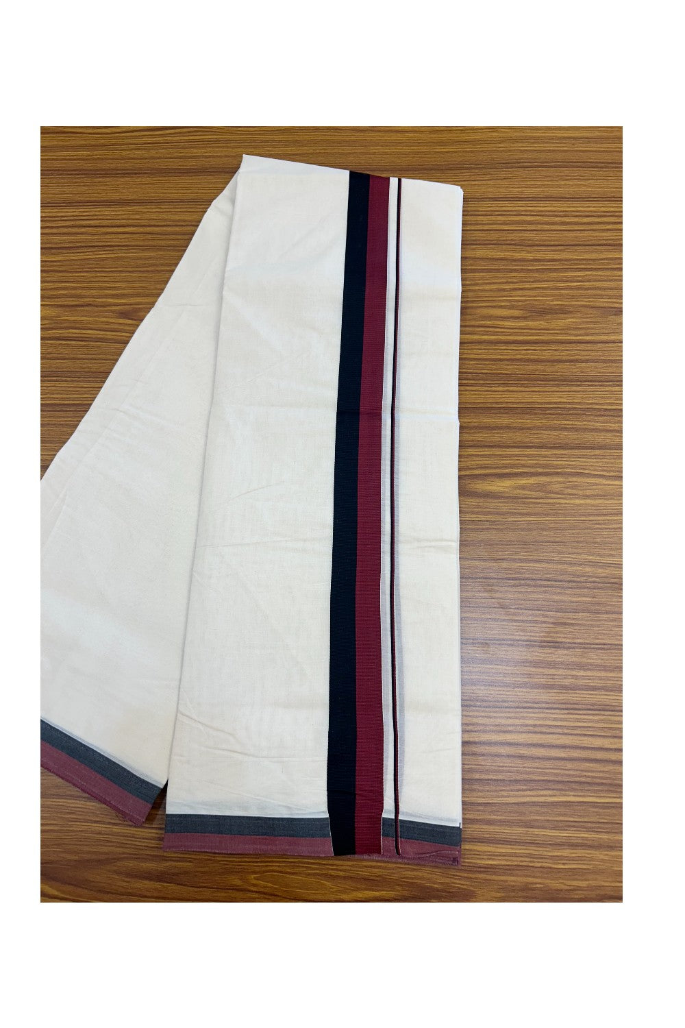 DMK Veshti - 18% DISCOUNT! KaithariKada 100% Cotton off white Double - (Unbleached) Mundu/Dhoti - 100X100 - 1.75 inch Black & Maroon kara - 8KK5165ASH