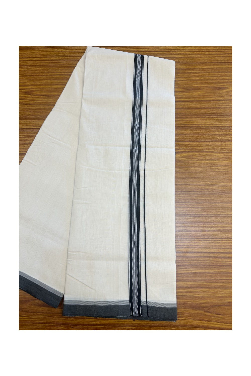 25% DISCOUNT!! KaithariKada HANDLOOM UNAKKUPAAV Balaramapuram - 100% PURE Cotton OFF White - (Unbleached) Double Mundu/Dothi - 100x100 - 1 inch Black & White pattern kara 3.80 meter (8.5 Muzham) - 16KK5167REA