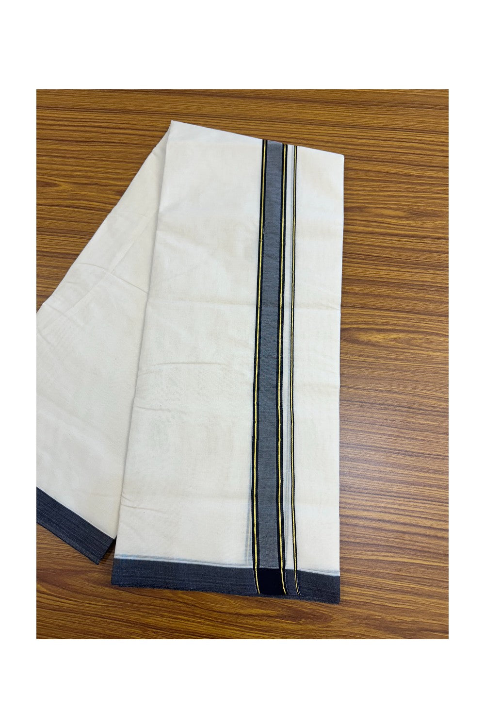 SHORT DHOTI SPECIAL! Kaitharikada.com 30% DISCOUNT! KaithariKada Balaramapuram 100% Cotton Off white (Unbleached) Double Mundu/Dhoti-100x100 - 1.5 inch Kara & 46 inches Height Navy Blue & Kasavu Striped Kara- 8KK5179ASH