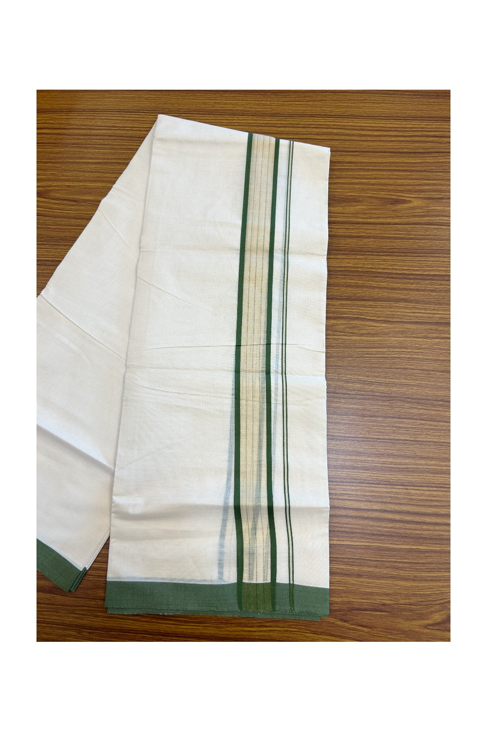 20% DISCOUNT! KaithariKada Balaramapuram Double OFF WHITE Mundu/Dhoti - 80x90 - 1.75 Inch Tissue Jungle Green striped Kara - 8KK5182VAS