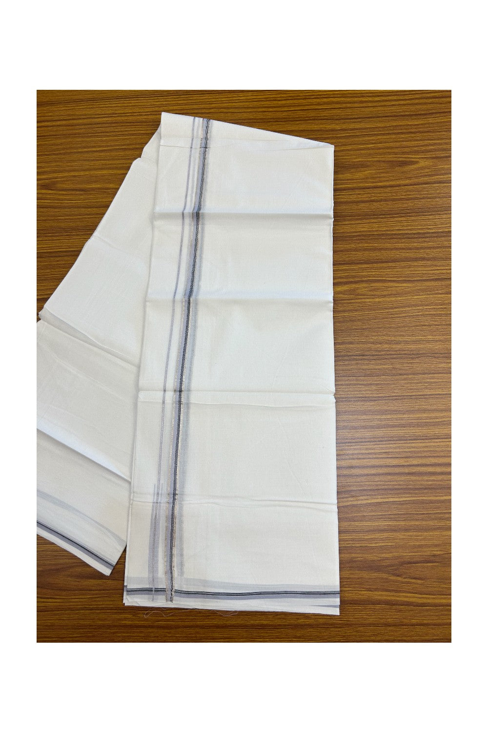 20% Discount !! Kaitharikada Balaramapuram 100% Cotton PURE WHITE DOUBLE Mundu/Dothi- 100X80 Thread - 0.5 inch - Silver Kasavu Black & Baby Blue Design Chutty Kara - 8KK5184RAMS