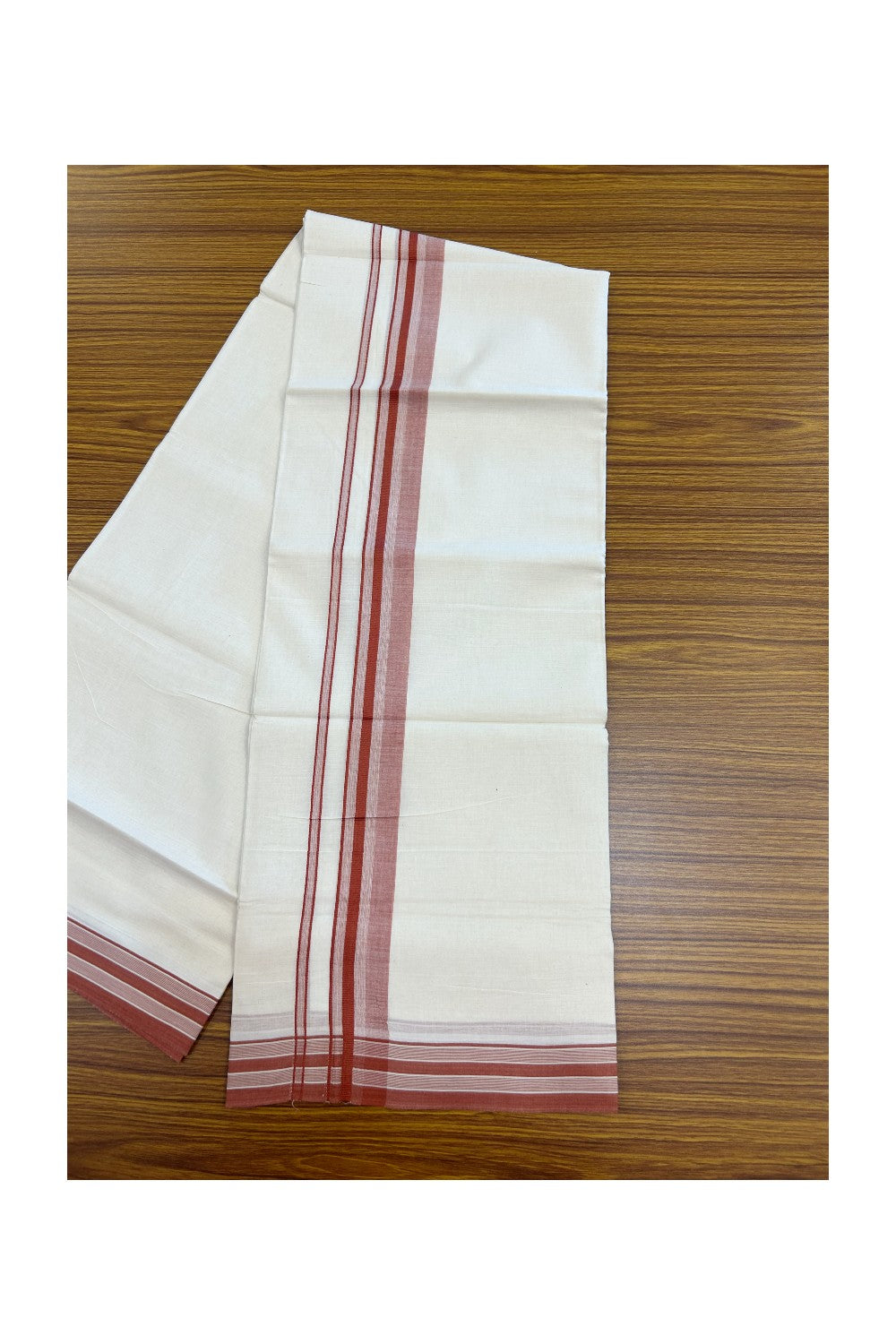 20% Discount ! Kaitharikada Balaramapuram 100% Cotton Double Off white (Unbleached) Mundu/Dhoti - 100x100 - 1.5 inch Brick Red shaded Stripes Kara - 8KK5186CKS