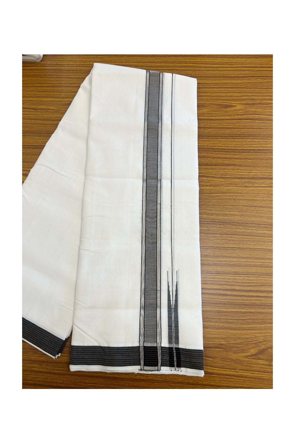25% Discount!! NEW ULTRA PURE WHITE HANDLOOM Balaramapuram - 100% Mercerised Cotton Double Mundu/Dhoti - 120 twisted warp x 80s weft - 1.5 inch Puliyilakkara Silver Kasavu & Black Brown Striped Chutty Kara- 8KK5200REA