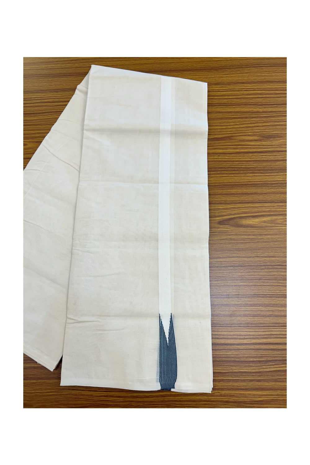 20% DISCOUNT ! KaithariKada Balaramapuram 100% COTTON Double OFF WHITE (Unbleached) Mundu/Dhoti- 100x100 - 1 inch Puliyilakkara Blue Grey Striped Chutty Kara - 8KK5211ASH