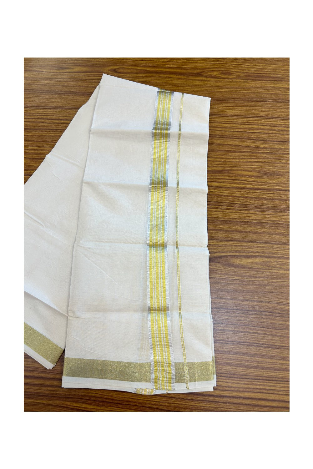 20% DISCOUNT ! KaithariKada Balaramapuram - 100% PURE Cotton Off White - (Unbleached) Double Mundu/Dhoti - 100X80 - 1.5 inch Gold Kasavu & Silver Kasavu Striped Kara - 8KK5212 VIN