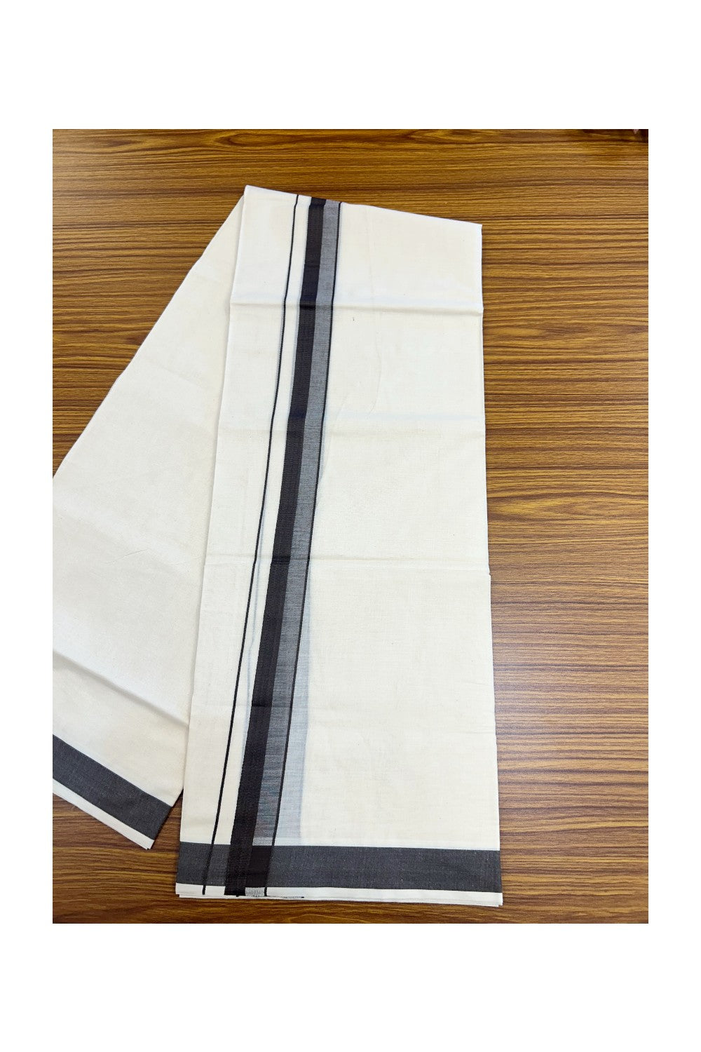 24% Discount ! KaithariKada Balaramapuram 100% Cotton Double OFF WHITE- (Unbleached) - Mundu / Dhoti- 100x80 - 1.5 inch Dark Brown Kara - 8KK5214 MC