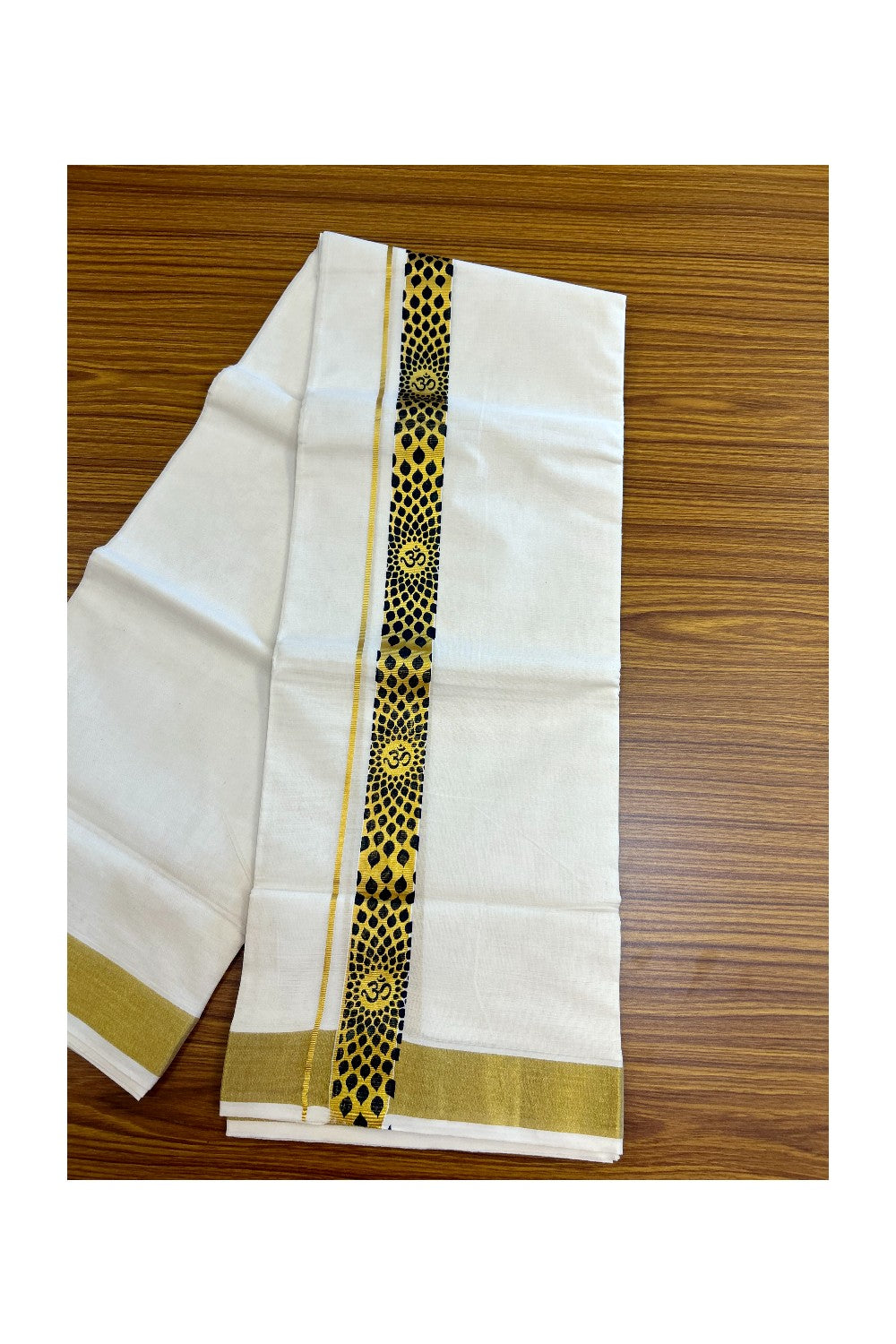 22% Discount!! KaithariKada Balaramapuram 100% Cotton DOUBLE OFF WHITE - (Ubleached) Mundu/Dhoti - 80x90 - 1.5 inch Gold Kasavu with Black Ohm Printed Design Kara - 8KK5219 GAN