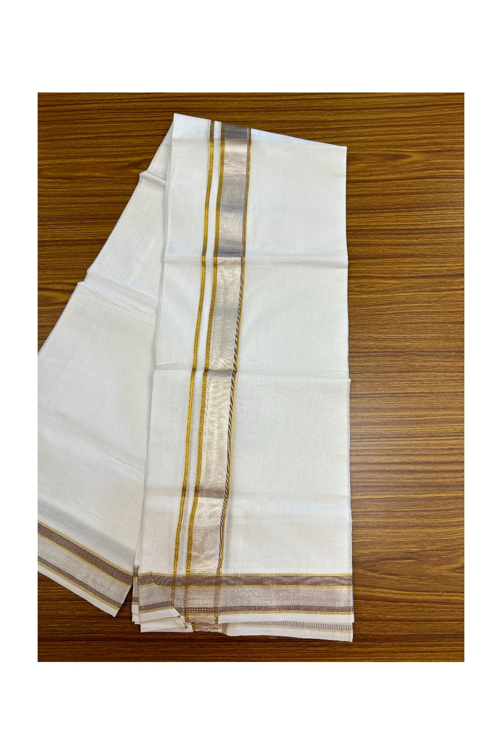 17% DISCOUNT! KaithariKada Balaramapuram 100% Cotton Double PURE WHITE Mundu/Dhoti - 100x100 - 1.5 inch Brown Silver Kasav & Gold Kasavu Stripes Kara - 8KK5221 GAN