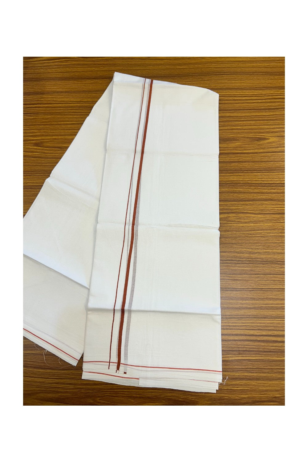 23% DISCOUNT! KaithariKada Balaramapuram 100% Cotton Double Pure white Mundu/Dhoti-( 60s ) - 0.25 inch Brick Brown Thin Kara - 3.88 mtr ( 8 muzham) - 8KK5227 PMC
