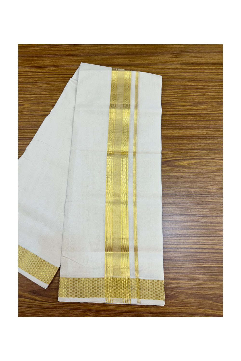 25% DISCOUNT ! KaithariKada HANDLOOM Unakkupaav Balaramapuram - 100% PURE Cotton OFF WHITE - (Unbleached) Double Mundu/Dhoti - 80x90 - 2.25 inch Gold Kasavu Jacquard Design Kara 4 mtr (8.5 Muzham) - 7KK5231 ABH