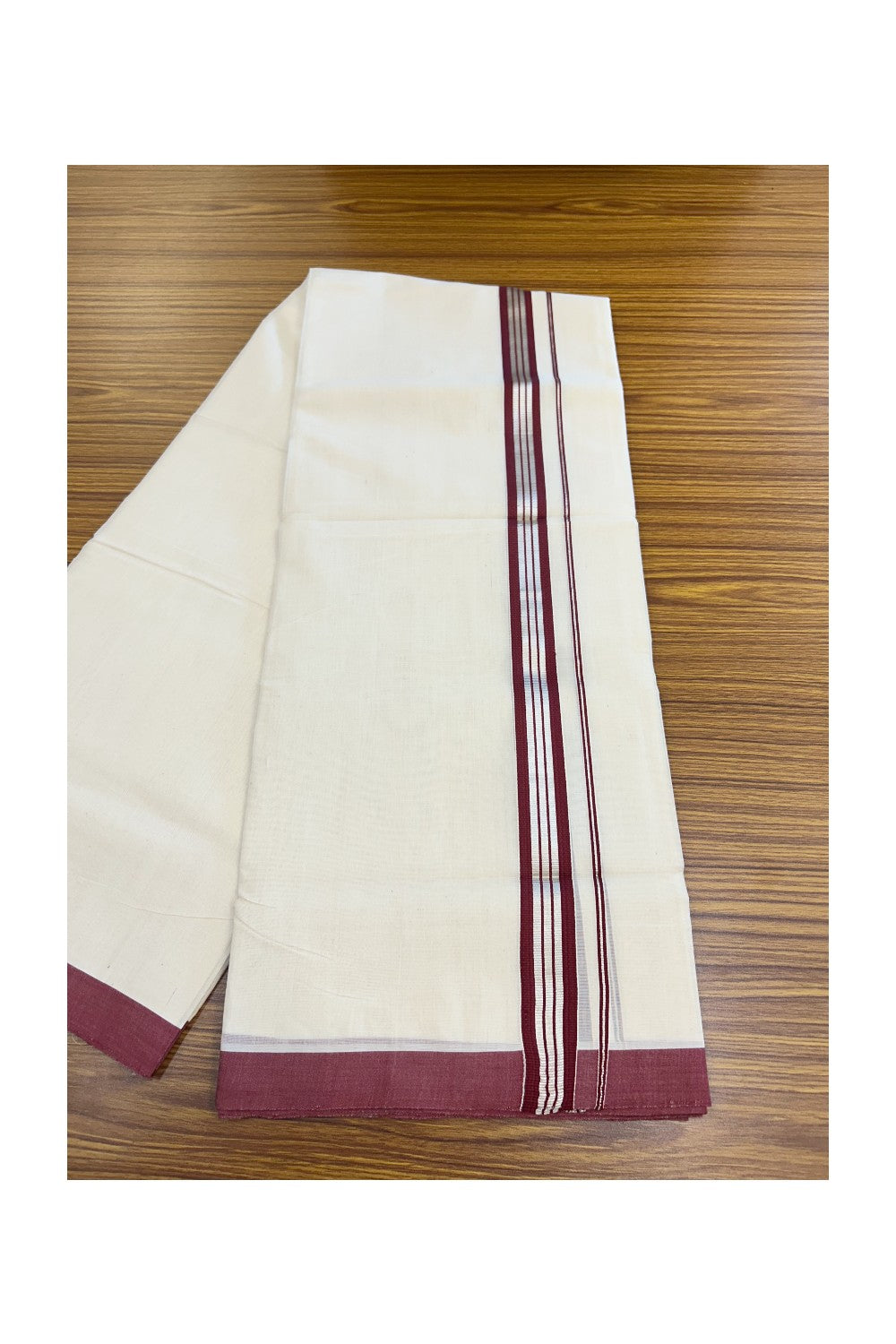 25% Discount!!! KaithariKada HANDLOOM MILLPAAV Balaramapuram - 100% PURE Cotton OFF WHITE (Unbleached) Double Mundu/Dhoti - 80x90 - 1.25 inch Silver kasavu striped Maroon kara 4 Mtr (8.5 Muzham) - 8KK5235 YAR