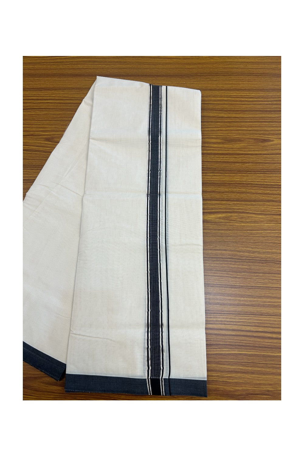 20% Discount KaithariKada Balaramapuram 100% Cotton Double Off white - (Unbleached) - Mundu/Dhoti - 100x100 - 1.25 inch Silver Kasav & Black Striped Kara - 4mtr (8.5 muzham)- 9KK5238 ASH
