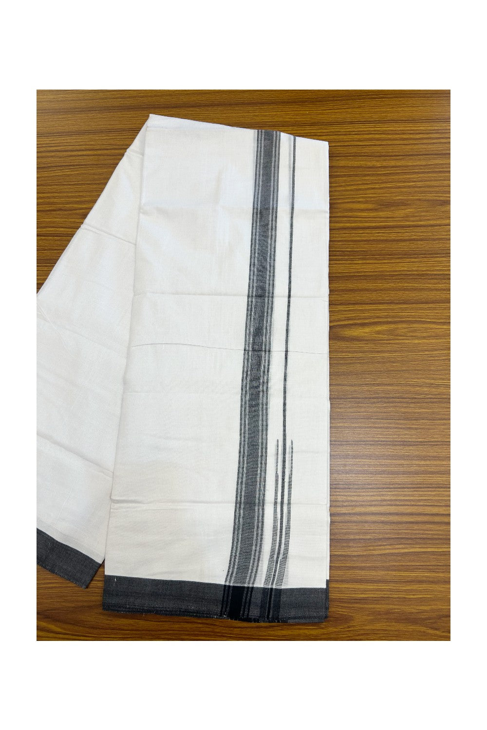 20% Discount!!! KaithariKada Balaramapuram Double PURE WHITE Mundu/Dhoti - (80s) - 1.25 inch puliyilakkara Black Shaded Striped chutty Kara - 3.82 mtr ( 8 muzham)- 8KK5239 GAN