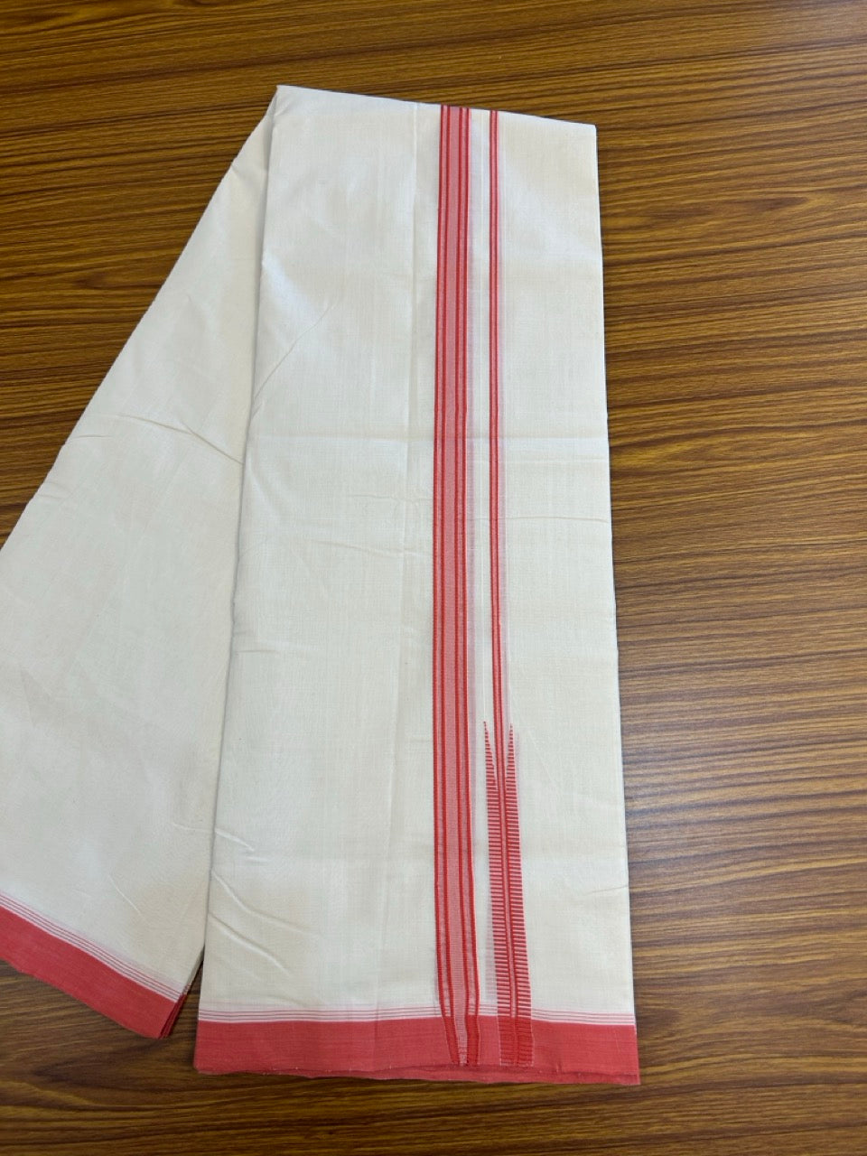 25% DISCOUNT!! KaithariKada HANDLOOM UNAKKUPAAV Balaramapuram - 100% PURE Cotton OFF White - (Unbleached) Double Mundu/Dothi - 100 x 80 - 0.75 inch Pink Red Chutty Kara 3.85 meter (8.5 mulam) - 8 KK5249 REA