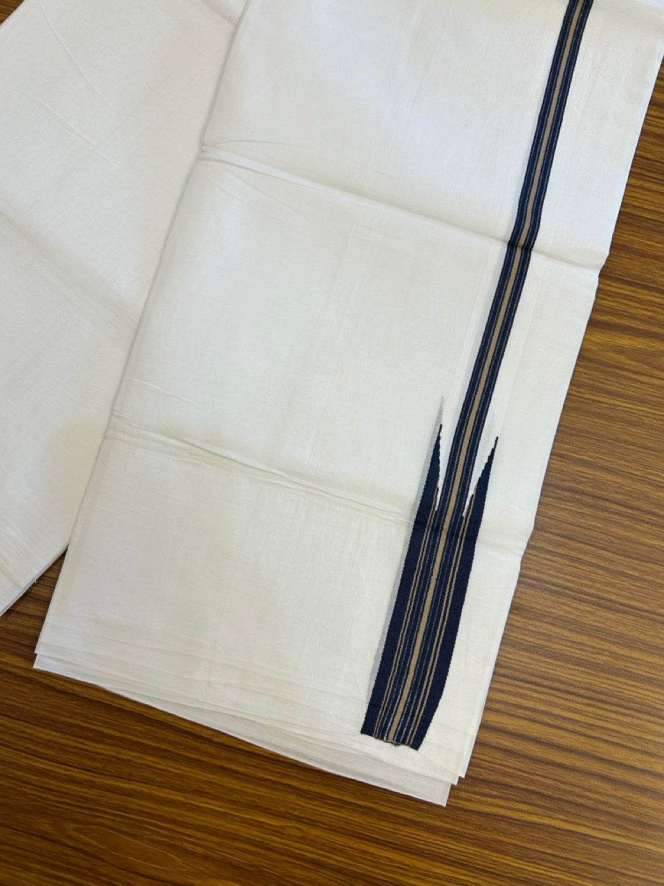 37% Discount ! NEW! KaithariKada Balaramapuram 100% Cotton Pure white Double Mundu/Dhoti - (100x80)s - Heavy Chutty Dark Navy Blue Sand Brown Stripes - 8 KK5252 CKS