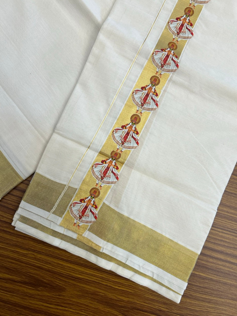 25% Discount!! KaithariKada Balaramapuram Mixed Cotton Double Off white - (Ubleached) Mundu/Dhoti - 80x72 - 1.25 inch Kasavu & Kathakali Printed Design Kara - 8 KK5262 MUT