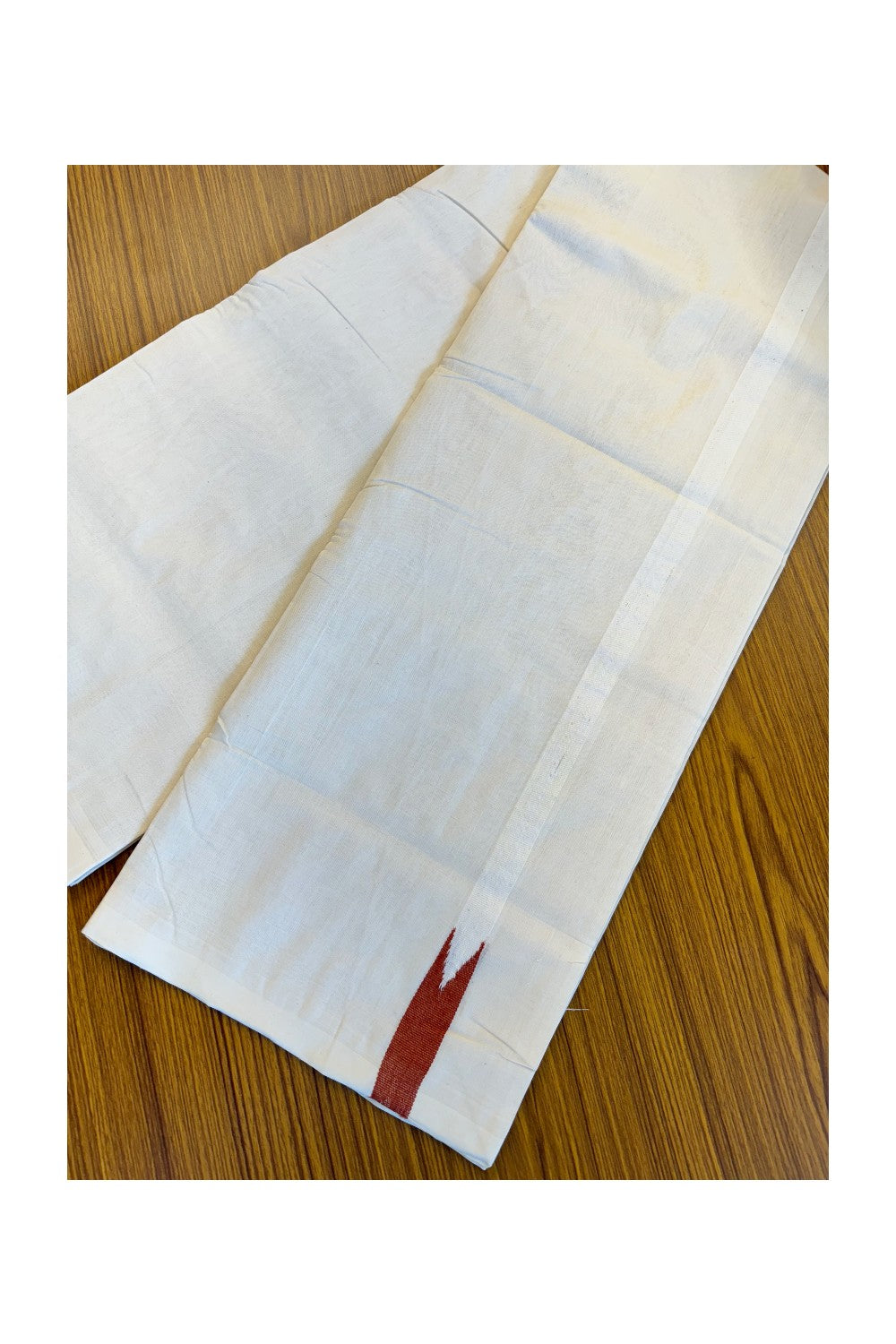 25% DISCOUNT!! KaithariKada HANDLOOM Unakkupaav Balaramapuram - 100% PURE Cotton OFF White (Unbleached) Double Mundu/Dothi - White kara brick red puliyilakkara Chutty - 8KK86RAM