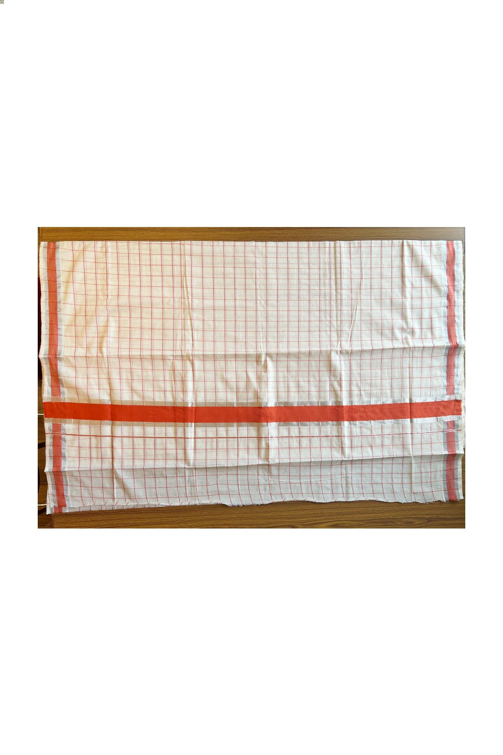 25% Discount! Kaitharikada Kerala Saree - Cotton - Silver Kasavu Brick Red Kara with check patterns- 8KK300VIN