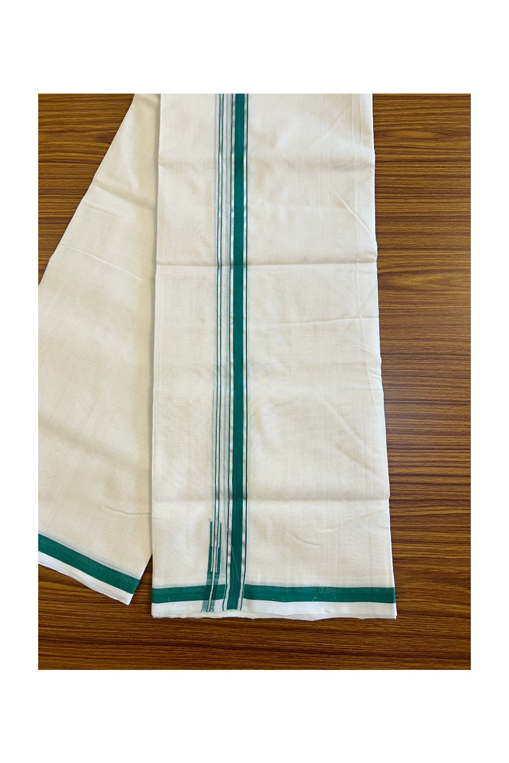 23% Discount!!! KaithariKada HANDLOOM UNAKKUPAAV Balaramapuram - 100% PURE Cotton off white (Unbleached) Double Mundu/Dhoti - 2 cm Silver kasavu & green puliyilakkara chutty - 8KK458SOM